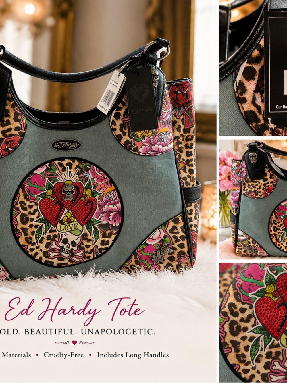 Ed Hardy Teal and Leopard Floral Heart Skull Tote